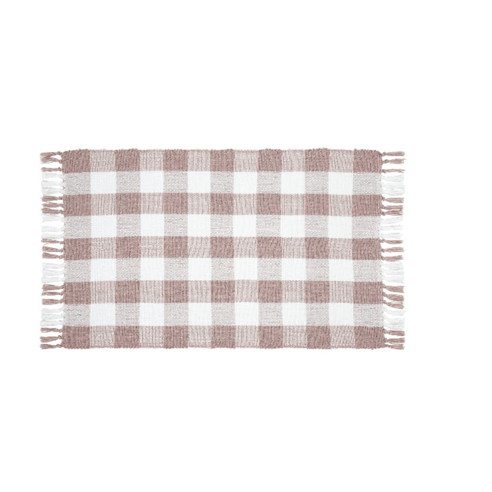 My Texas House Gingham Fringe Day Layering Rug, Pink and White, 24" × 38"